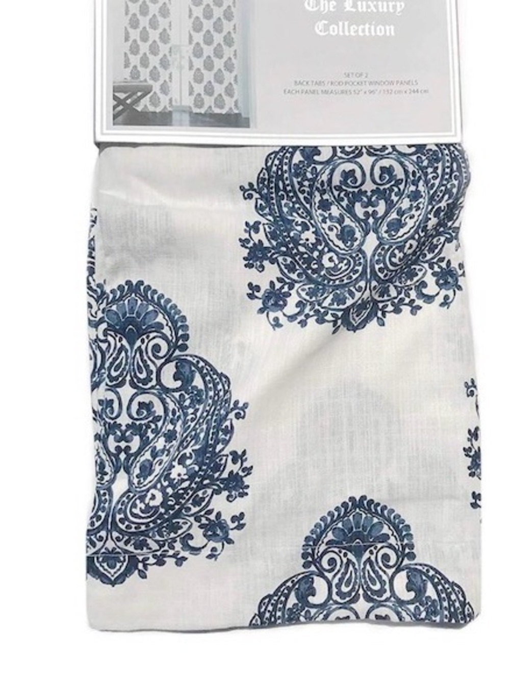 Pair of Blue Damask Paisley Window Panel Curtains - Luxury Collection